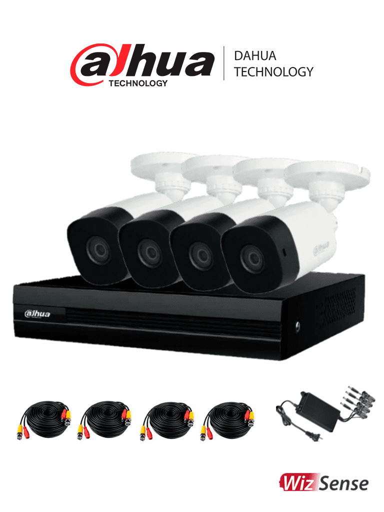 DAHUA KITXVR1B08-I-2MP4CP - Kit de videovigilancia de 8 canales. Incluye 4 cámaras B1A21 de 2MP, DVR Cooper-I WizSense con IA y H.265+ de 8 canales más 2 IP o hasta 10 canales IP, 4 canales SMD Plus, búsqueda de humanos y vehículos.