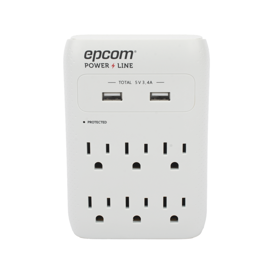 Multicontacto de Pared 110 Vca / Supresor de Picos 1080 Joules / 6 x Nema 5-15P / 2 x USB (5V @3.4A)