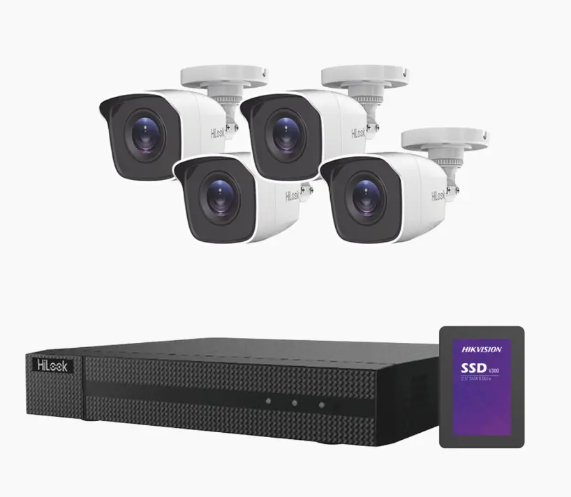 KIT TurboHD 1080p + SSD de 500 GB / DVR 4 canales / 4 Cámaras Bala de Metal / Fuente de Poder / Accesorios de Instalación
