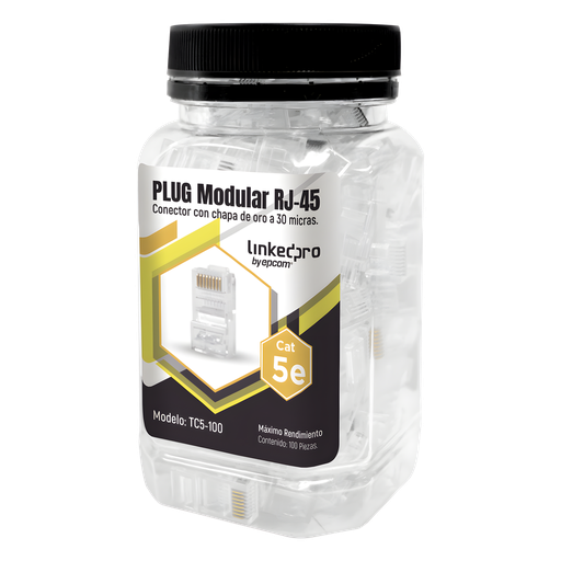 [TC5-100] Bote con 100 Piezas de Plug Modular RJ45 Cat5e sin Blindaje, Chapado de Oro a 30 Micras para Durabilidad Extrema
